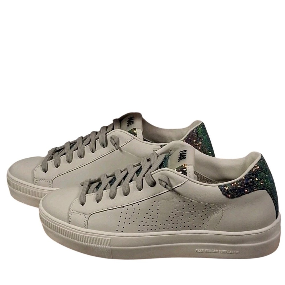 P448 Thea Women's White Leather Multicolor Glitter Accent Lace Up Sneakers